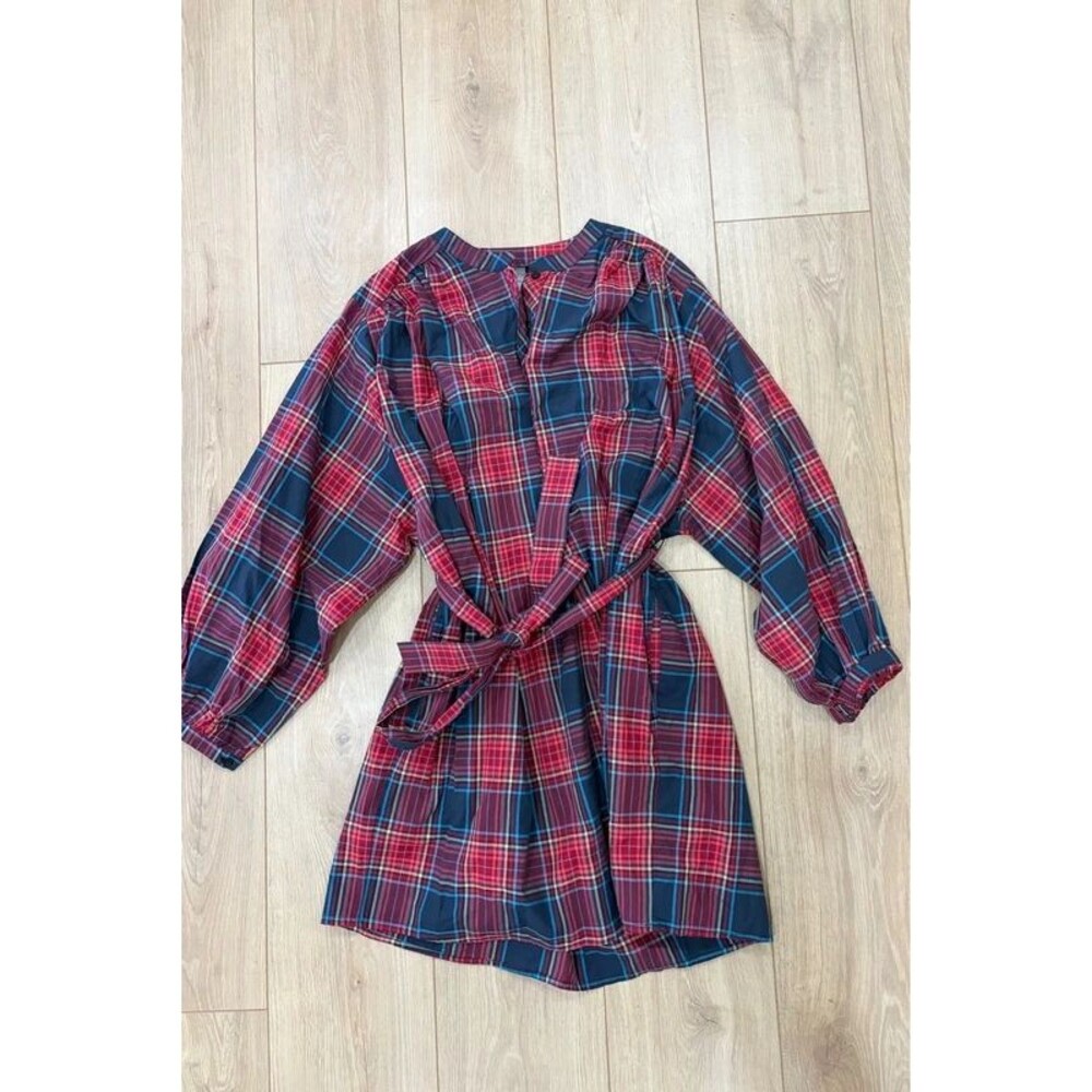 Tea Collection Red Navy Tartan Plaid Belted Shirt Dress Medium NWT